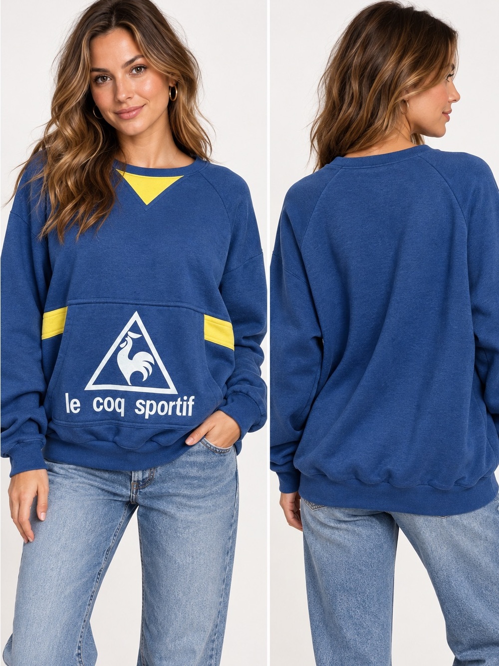 1980s Vintage Le Coq Sportif Blue & Yellow Crewneck Sweatshirt - Large